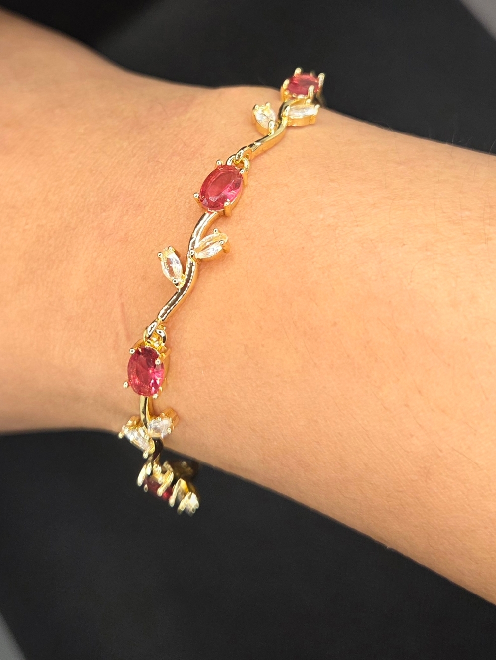 Pink Stone Tulip Vine Gold Bracelet - Women's Jewelry